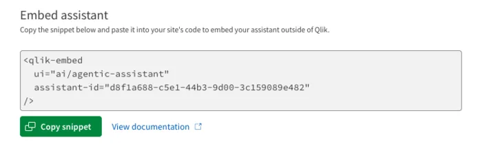 a screenshot of the AI assistant settings panel showing the embed code snippet